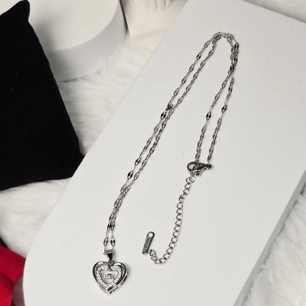 Silver Double Heart CZ Pendant Necklace – Stainless Steel Classy Elegant Minimal